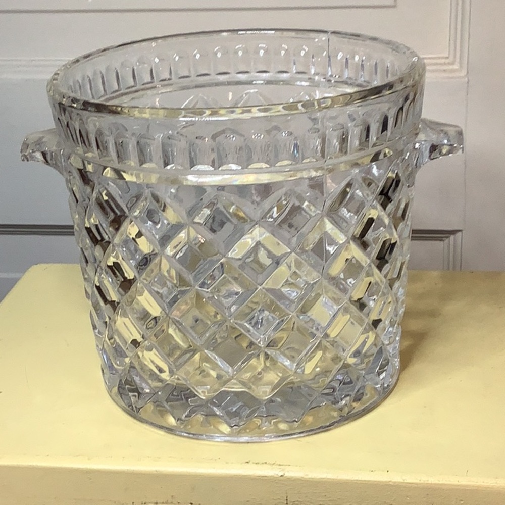 Clear Glass Diamond-Cut Ice Bucket with Handles